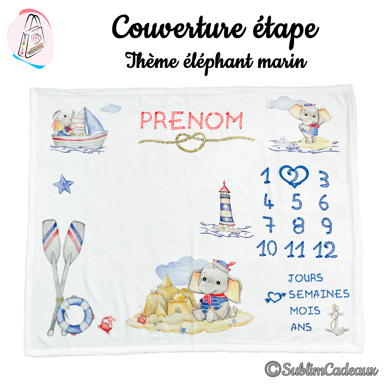 Couverture étape bébé blanche imprimée d'un décor marin: éléphants matelots, voilier, phare et chiffres 1 à 12 en bleu