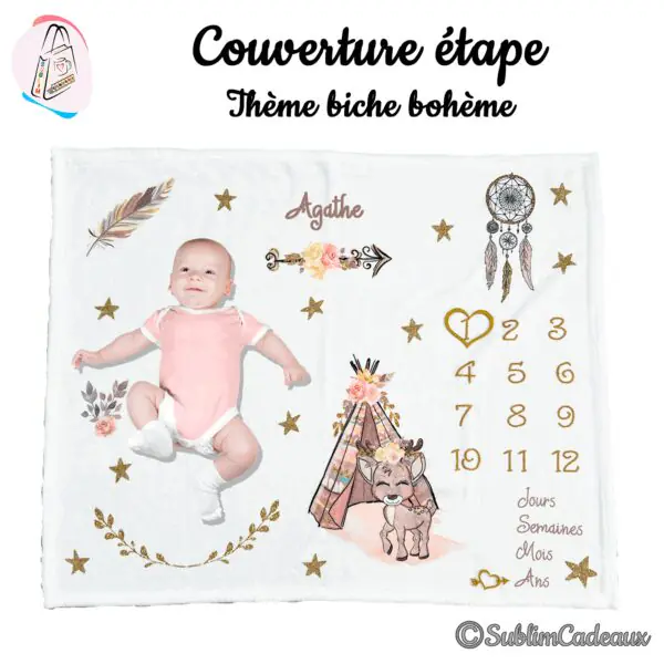 Couverture étape blanche au thème bohème: biche fleurie, tipi, attrape-rêves et étoiles dorées, chiffres 1 à 12