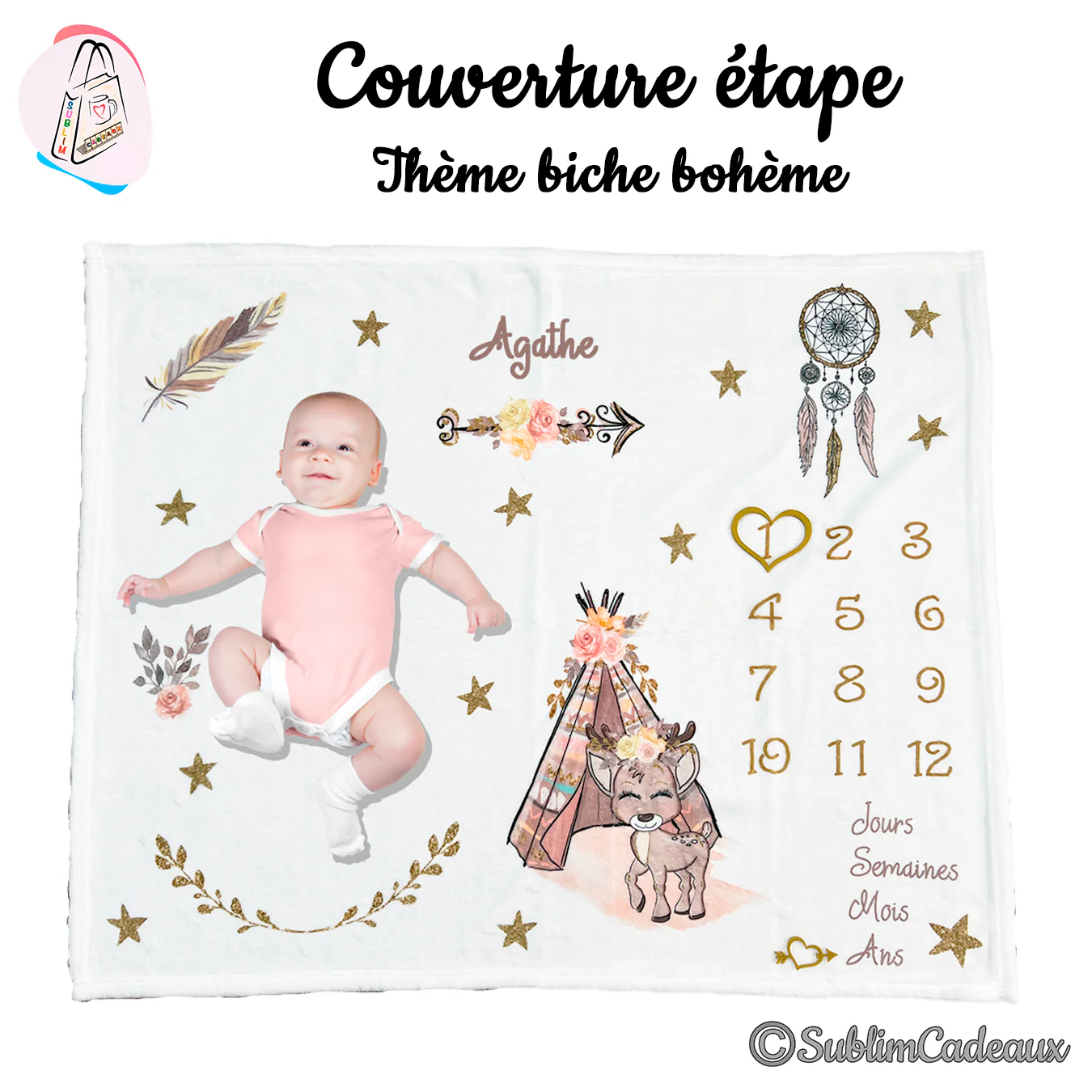 Couverture étape blanche au thème bohème: biche fleurie, tipi, attrape-rêves et étoiles dorées, chiffres 1 à 12