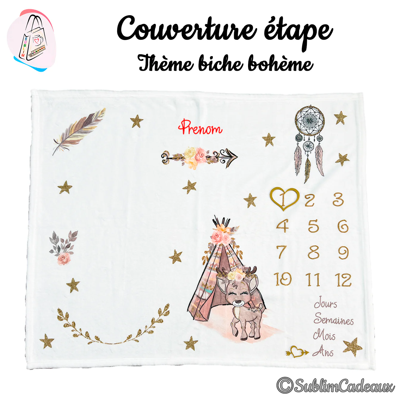 Couverture étape bébé blanche au décor bohème imprimé: faon, tipi, attrape-rêves, étoiles dorées et fleurs roses