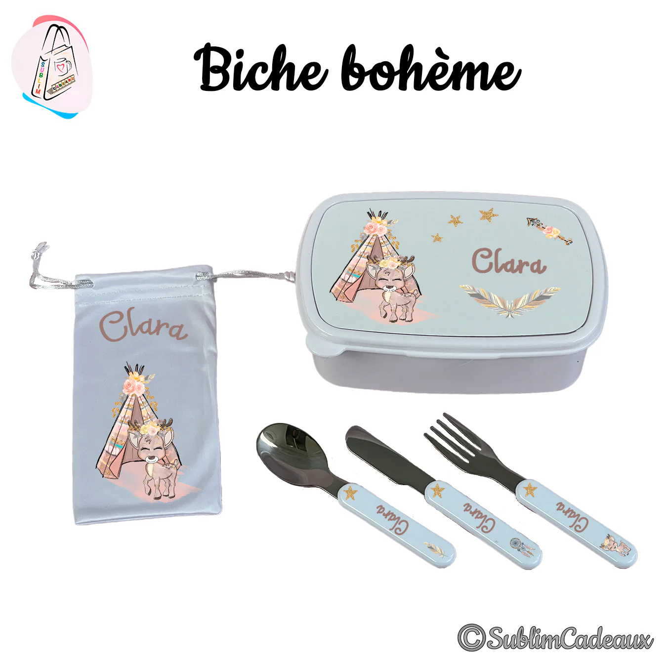 Ensemble repas enfant, boîte à goûter, pochette et couverts imprimés d'un faon bohème fleuri et du prénom Clara