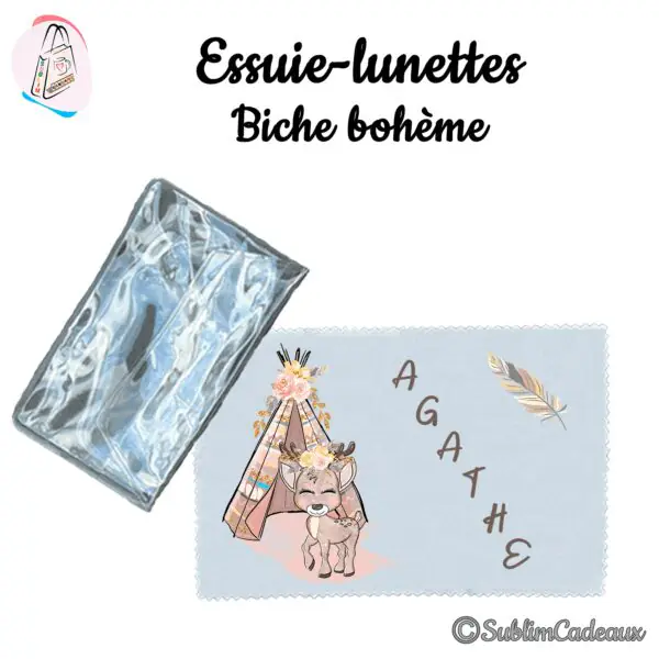 Essuie-lunettes en microfibre grise imprimé d'un faon sous un tipi bohème fleuri, plume et prénom Agathe, avec sa pochette
