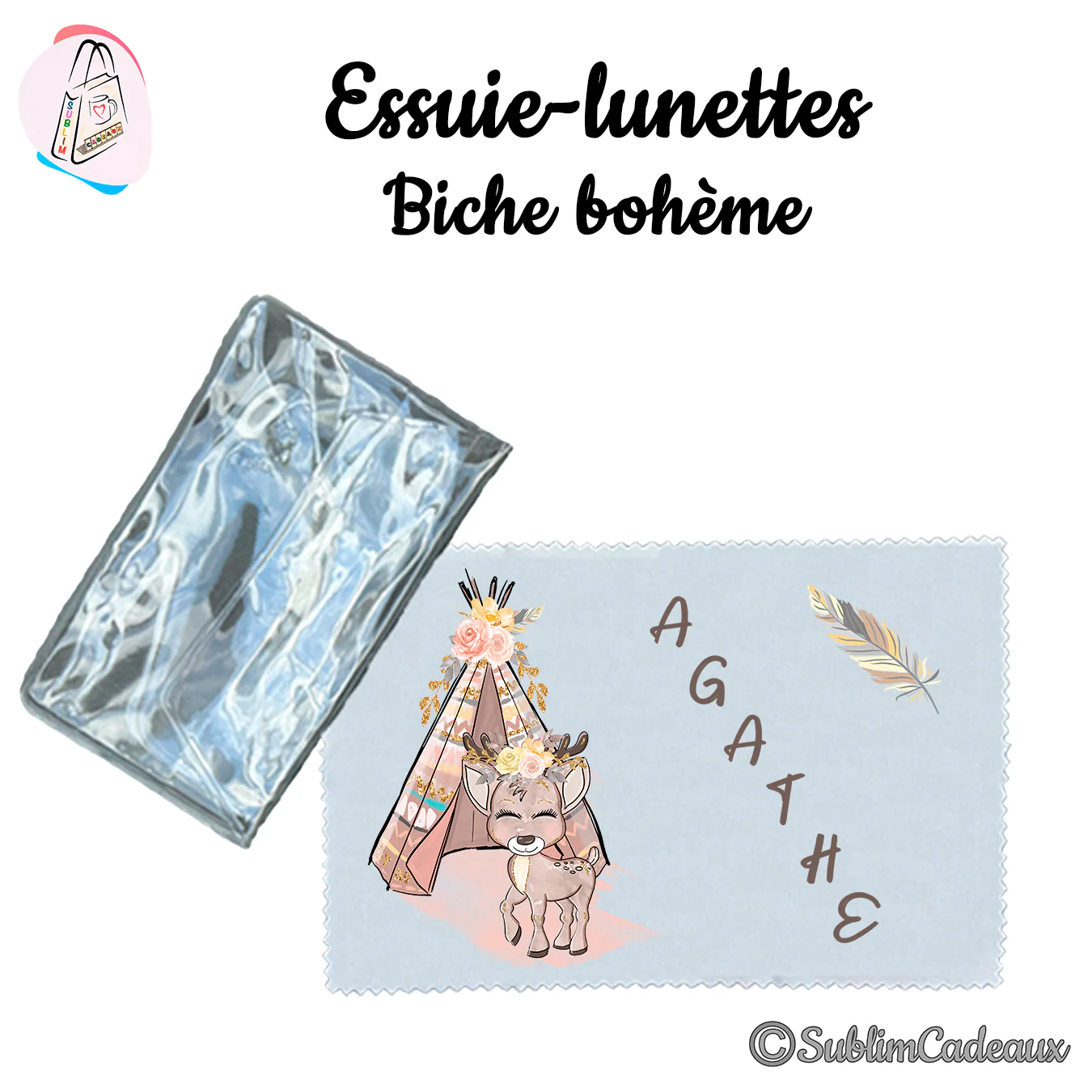Essuie-lunettes en microfibre grise imprimé d'un faon sous un tipi bohème fleuri, plume et prénom Agathe, avec sa pochette