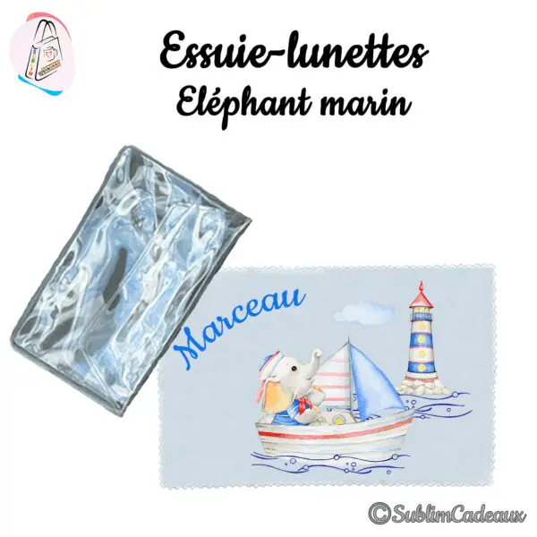 Essuie-lunettes microfibre bleu clair imprimé d'un éléphanteau matelot en barque près d'un phare et du prénom Marceau
