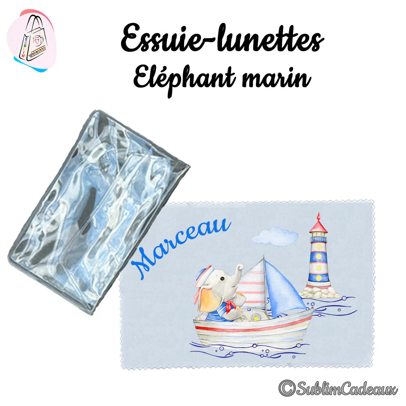 Essuie-lunettes microfibre bleu clair imprimé d'un éléphanteau matelot en barque près d'un phare et du prénom Marceau