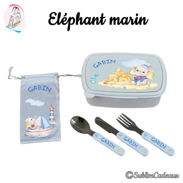 Ensemble repas enfant, boîte à goûter, pochette et couverts imprimés d'un éléphanteau matelot à la plage et du prénom Gabin