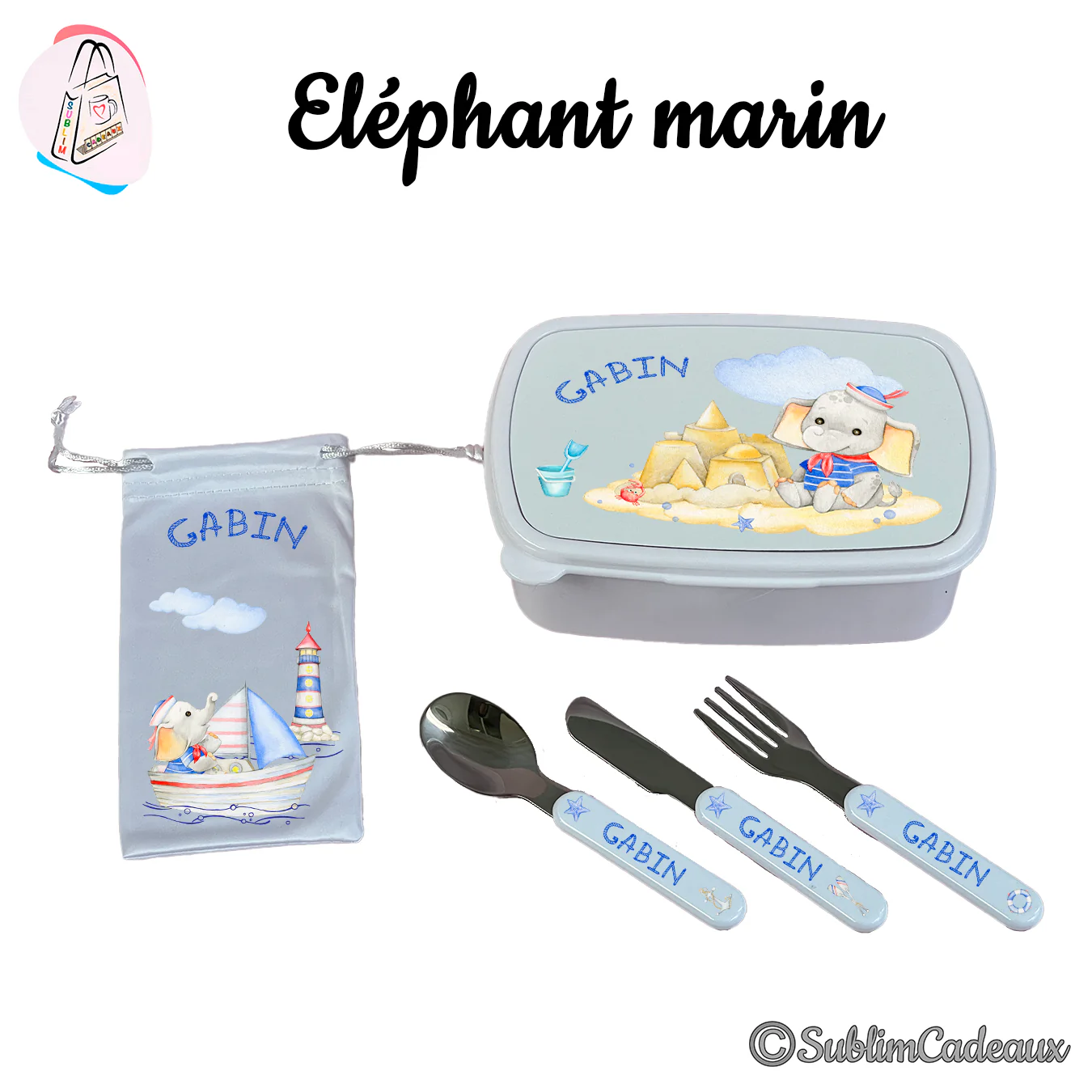 Ensemble repas enfant, boîte à goûter, pochette et couverts imprimés d'un éléphanteau matelot à la plage et du prénom Gabin