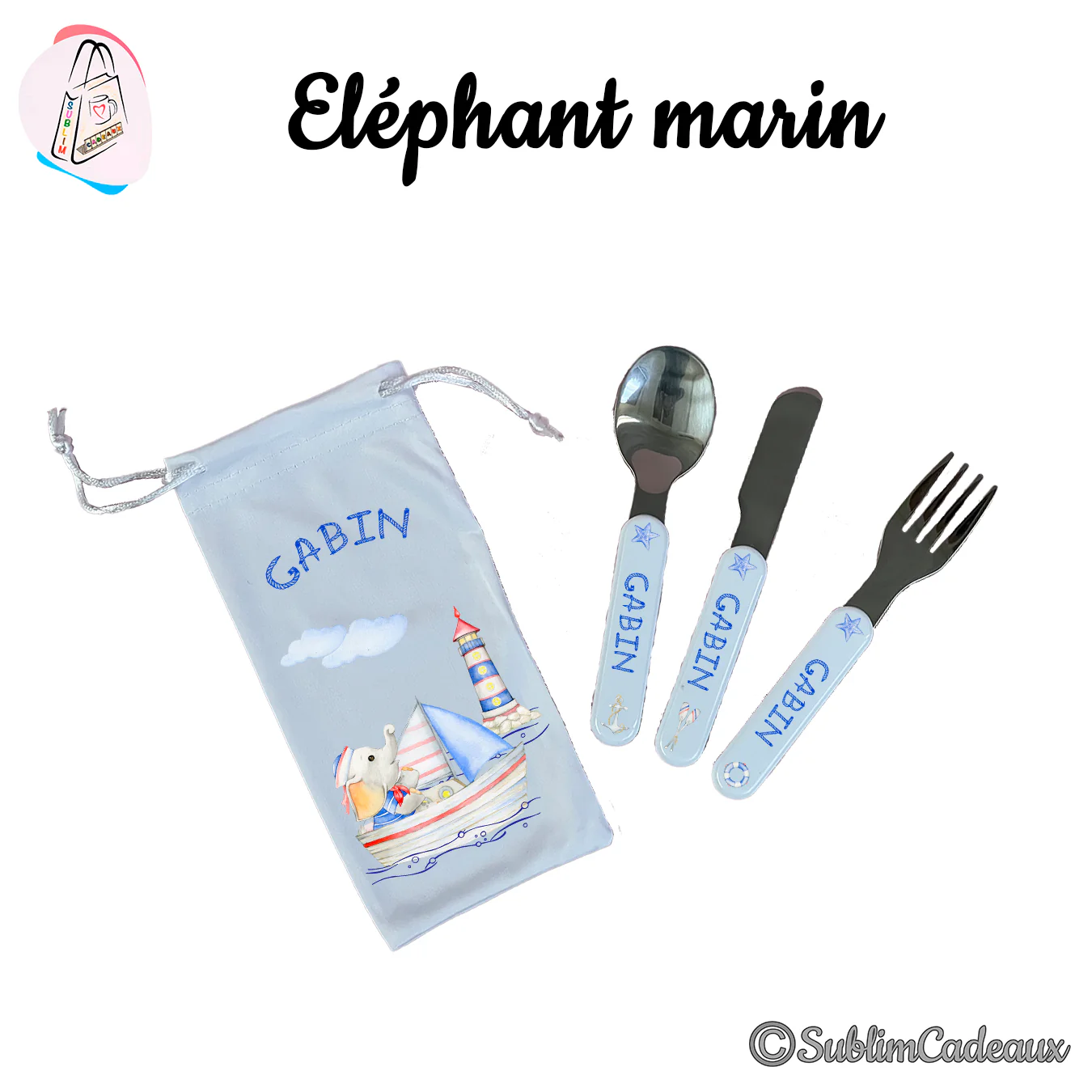 Set de couverts enfant à manches bleu clair et pochette assortie, décor éléphant matelot en voilier et prénom Gabin