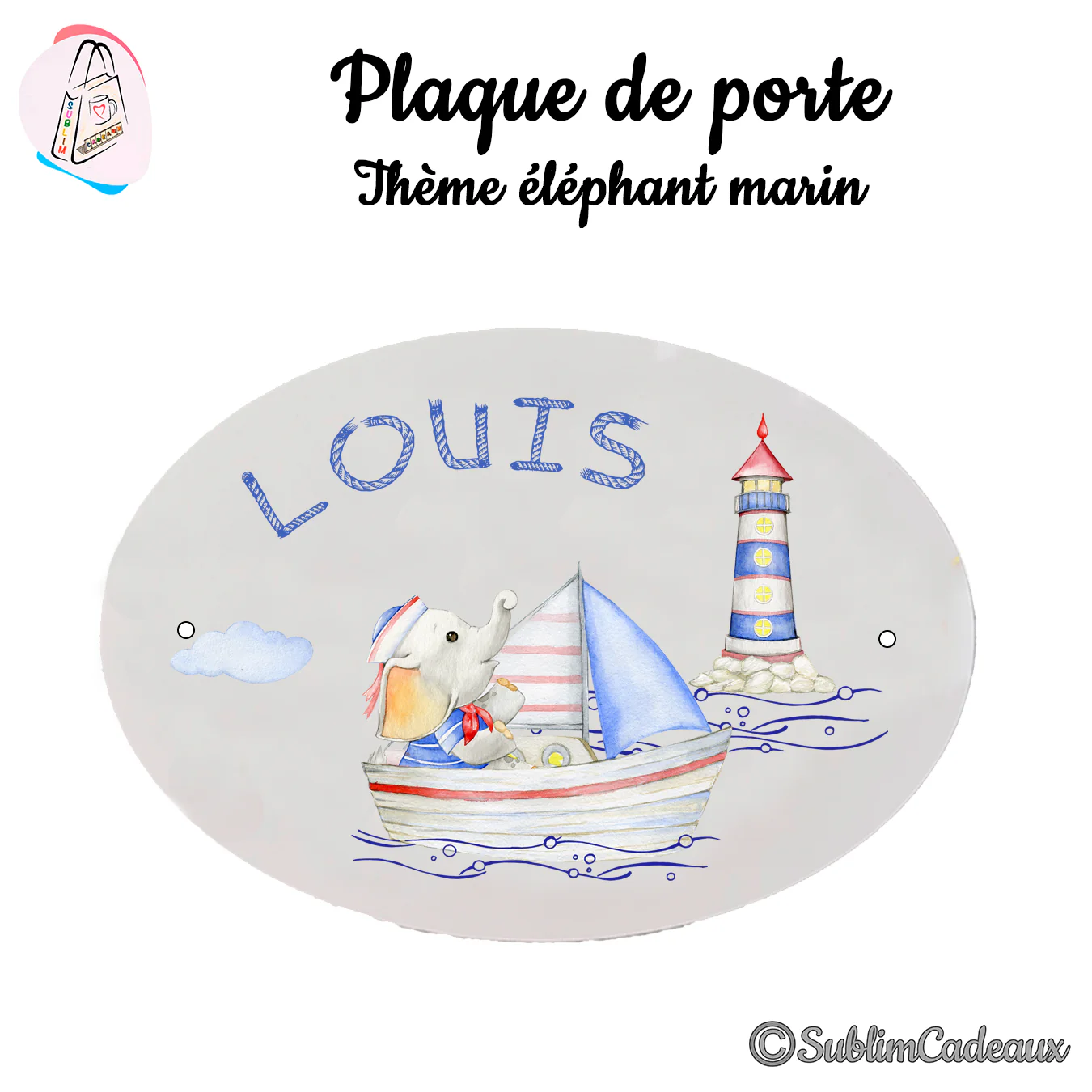 Plaque de porte ovale imprimée d'un éléphanteau marin sur un voilier près d'un phare, décor bleu et rouge
