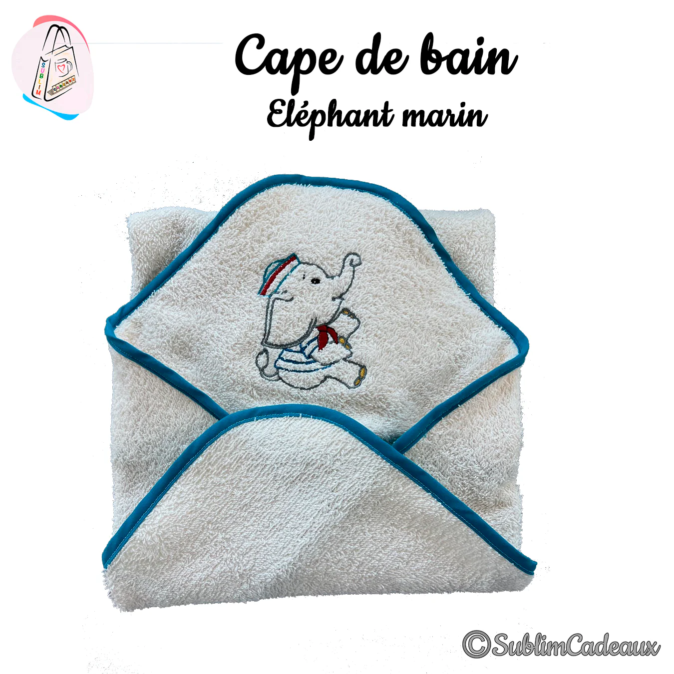 Cape de bain en éponge écrue à capuche bordée de bleu canard, éléphanteau marin brodé