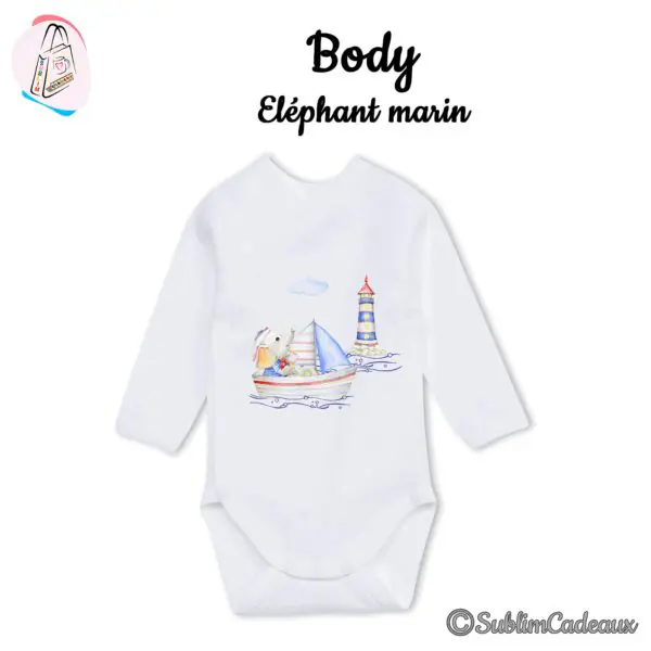 Body bébé blanc croisé à manches longues, imprimé éléphanteau marin sur un voilier près d'un phare