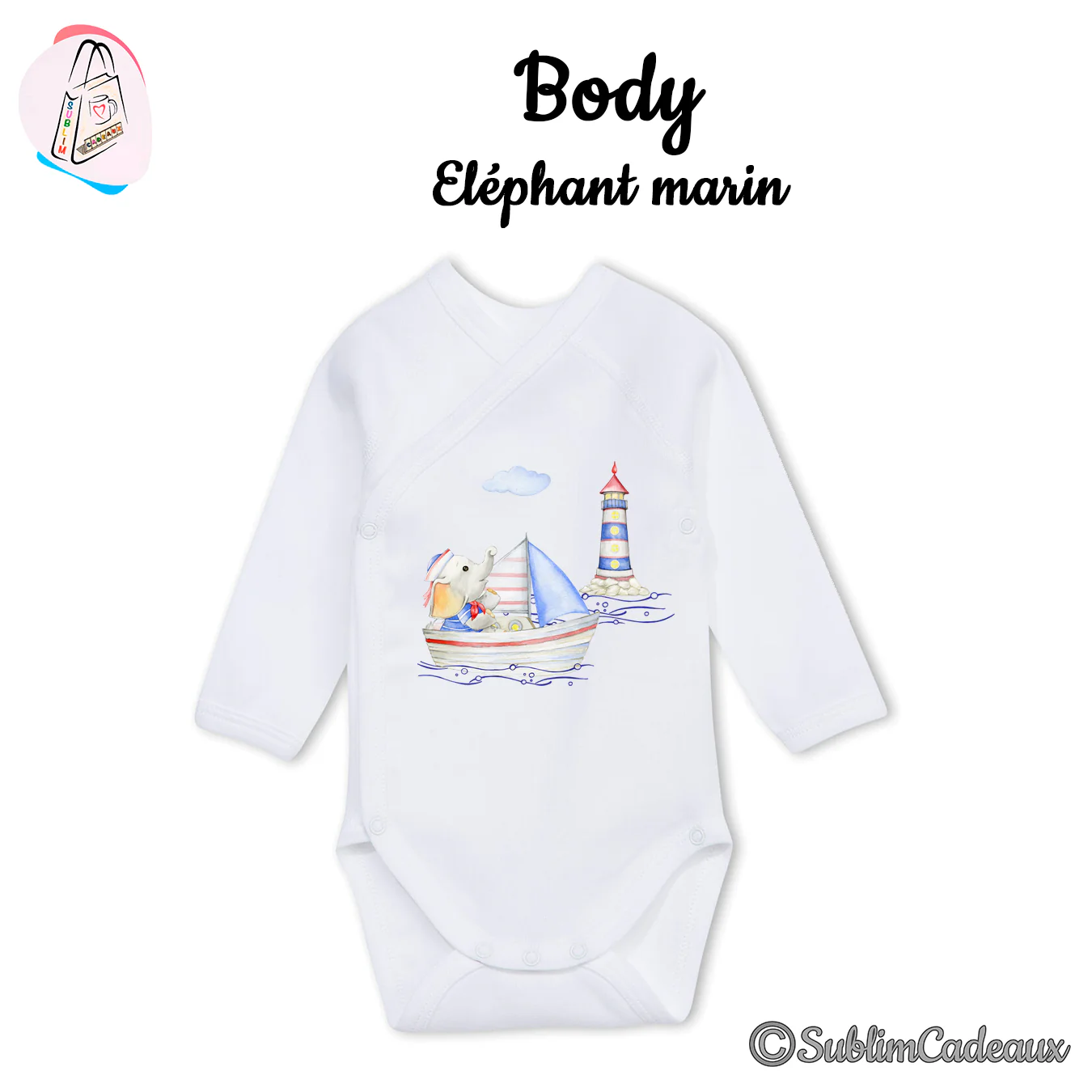 Body bébé blanc croisé à manches longues, imprimé éléphanteau marin sur un voilier près d'un phare