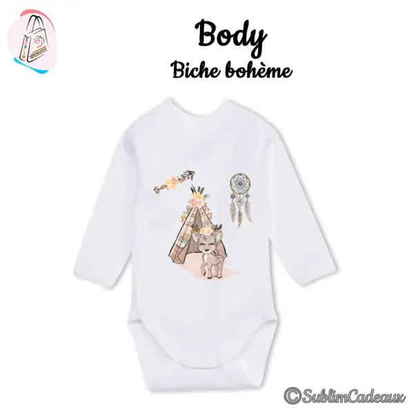 Body bébé blanc croisé à manches longues, imprimé faon bohème, tipi fleuri et attrape-rêves