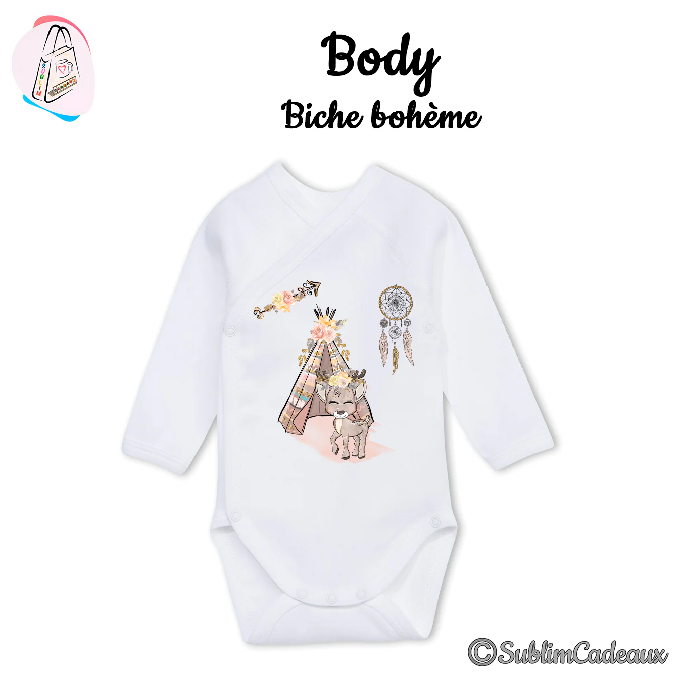 Body bébé blanc croisé à manches longues, imprimé faon bohème, tipi fleuri et attrape-rêves