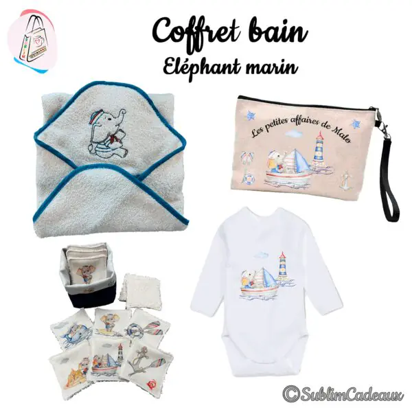 Coffret naissance thème éléphant marin : cape de bain brodée, trousse imprimée, lingettes lavables et body assorti