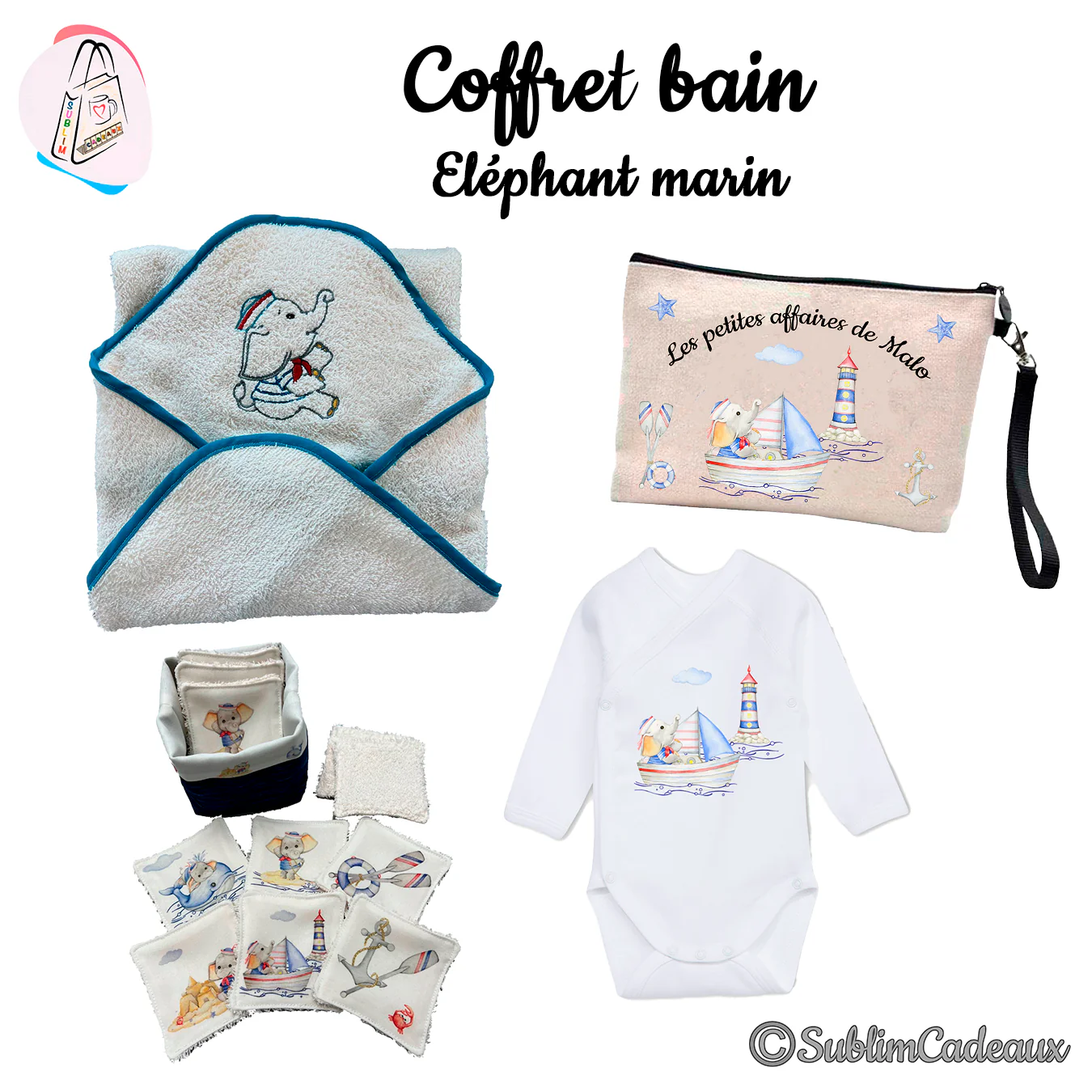 Coffret naissance thème éléphant marin : cape de bain brodée, trousse imprimée, lingettes lavables et body assorti