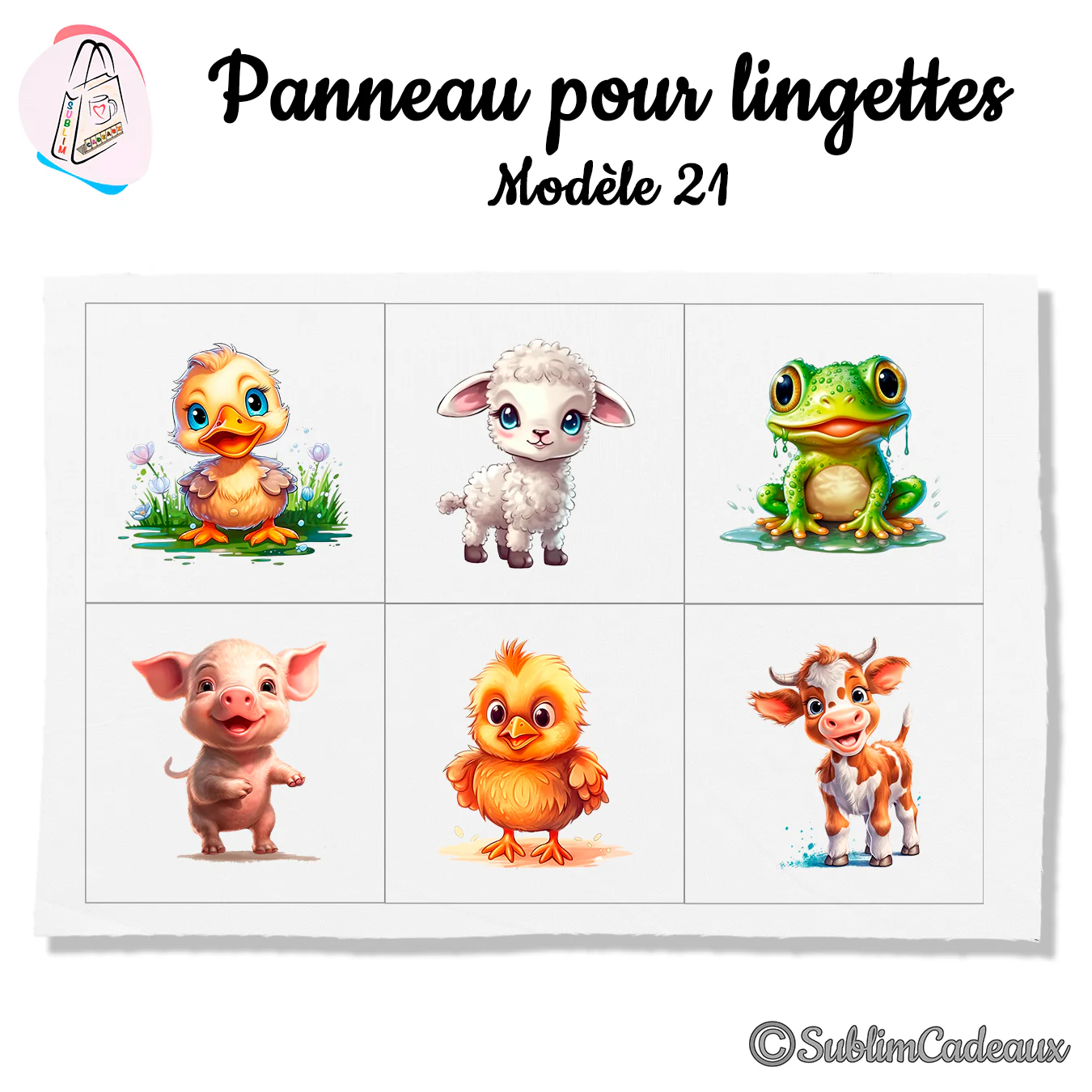 Panneau tissu pour lingettes lavables, six bébés animaux de la ferme : caneton, agneau, grenouille, cochon, poussin, veau