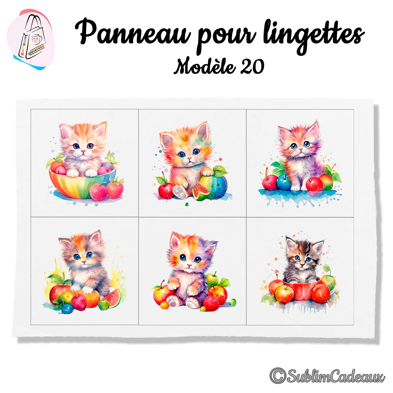 Panneau tissu pour lingettes lavables, six chatons aquarellés multicolores entourés de fruits