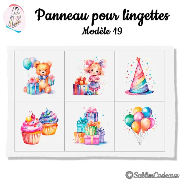 Panneau tissu pour lingettes lavables, motifs anniversaire aquarellés : ourson, cadeaux, cupcakes, ballons, chapeau de fête