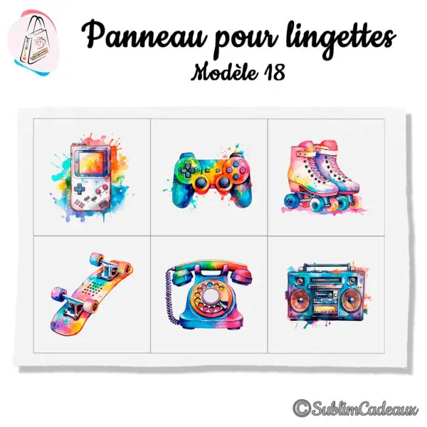 Panneau tissu pour lingettes lavables, objets rétro aquarellés : console, manette, rollers, skate, téléphone, radio