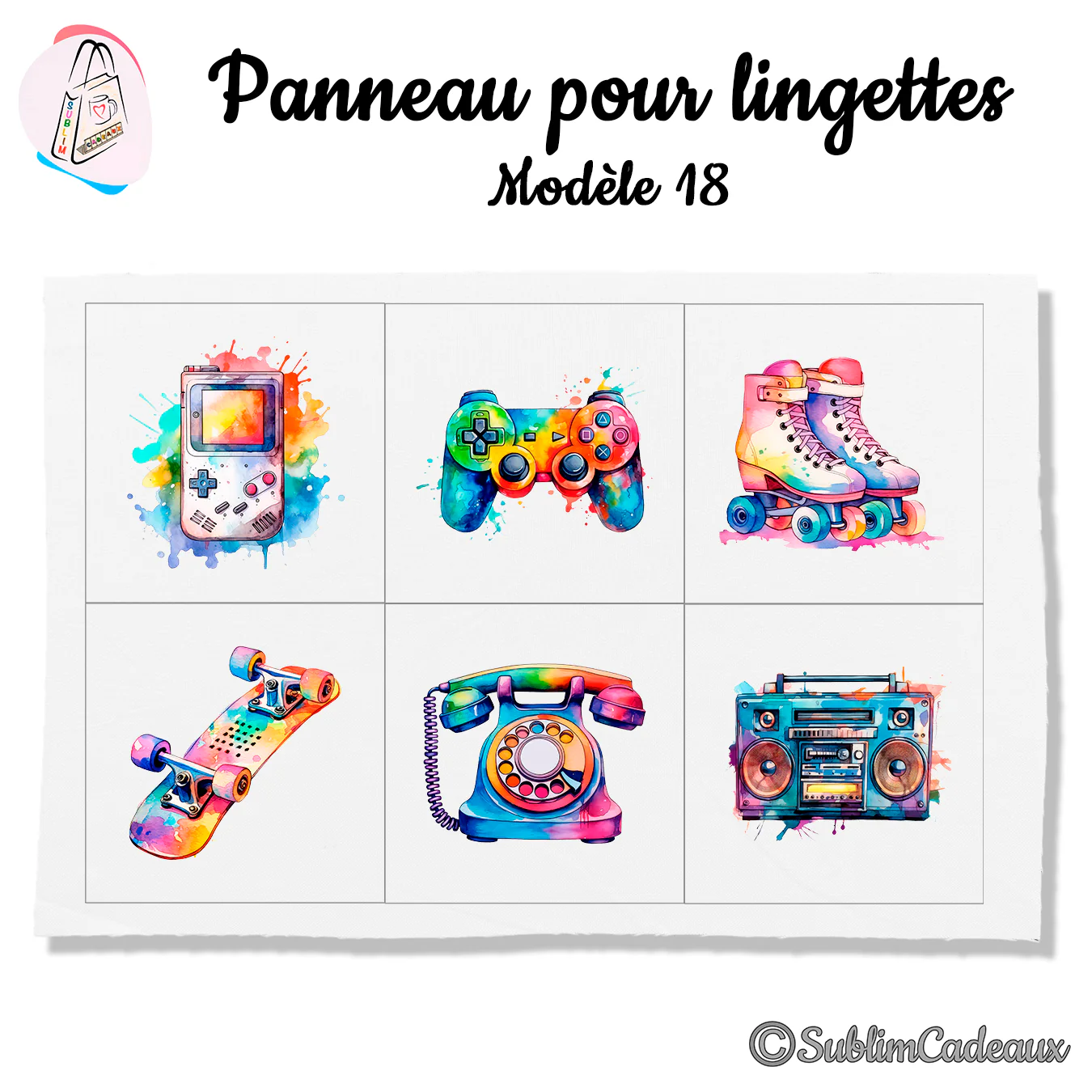 Panneau tissu pour lingettes lavables, objets rétro aquarellés : console, manette, rollers, skate, téléphone, radio