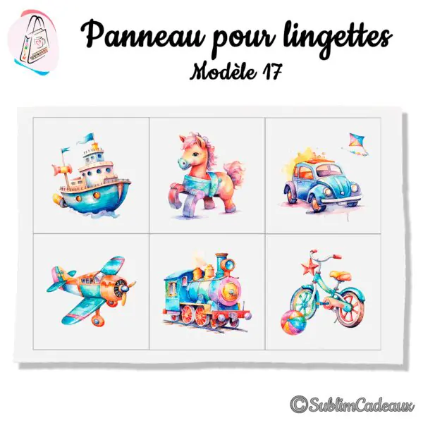 Panneau tissu pour lingettes lavables, jouets aquarellés multicolores : bateau, cheval, voiture, avion, train, vélo