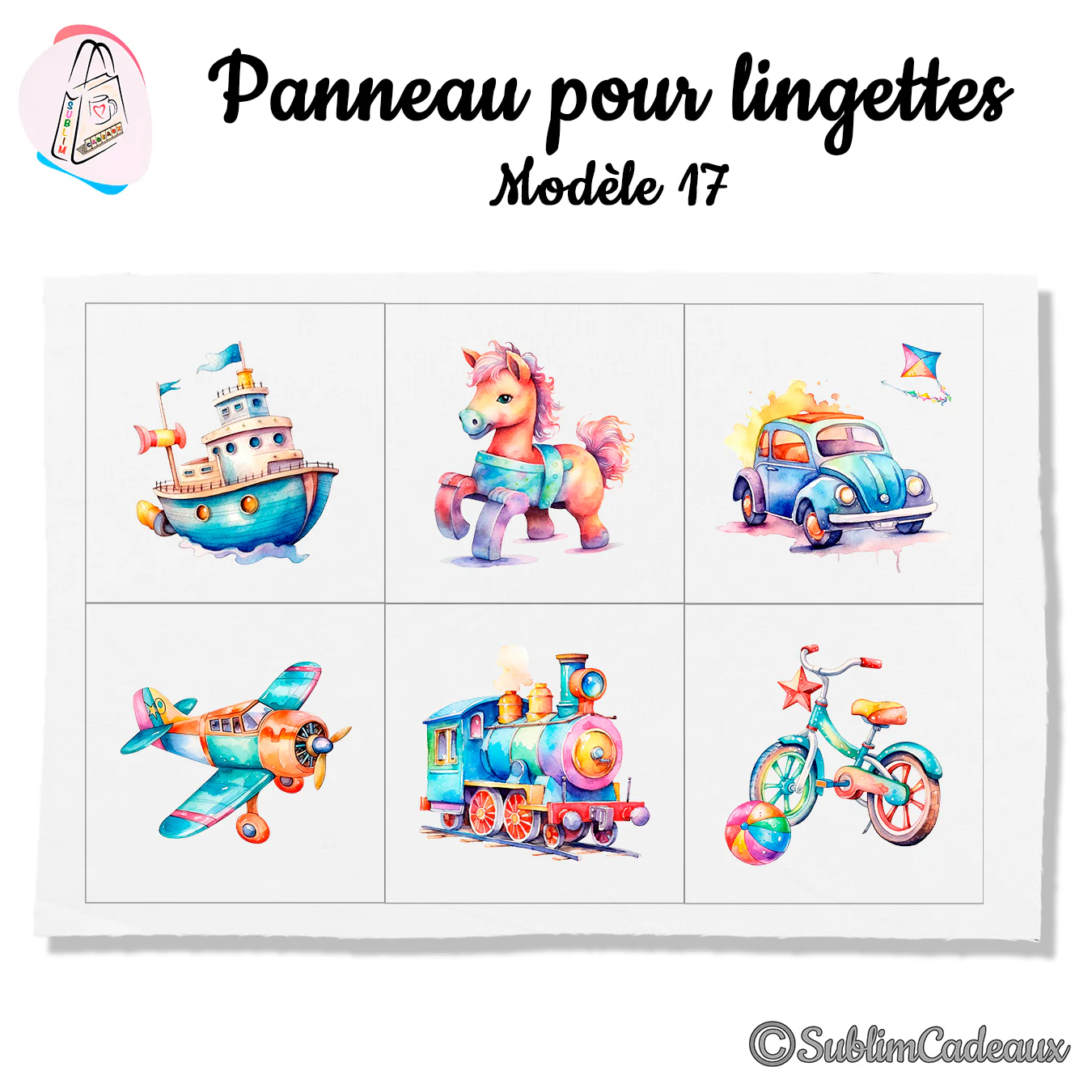 Panneau tissu pour lingettes lavables, jouets aquarellés multicolores : bateau, cheval, voiture, avion, train, vélo