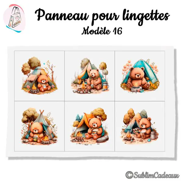 Panneau tissu pour lingettes lavables, six oursons en camping aquarellés, tentes et feux de camp en forêt