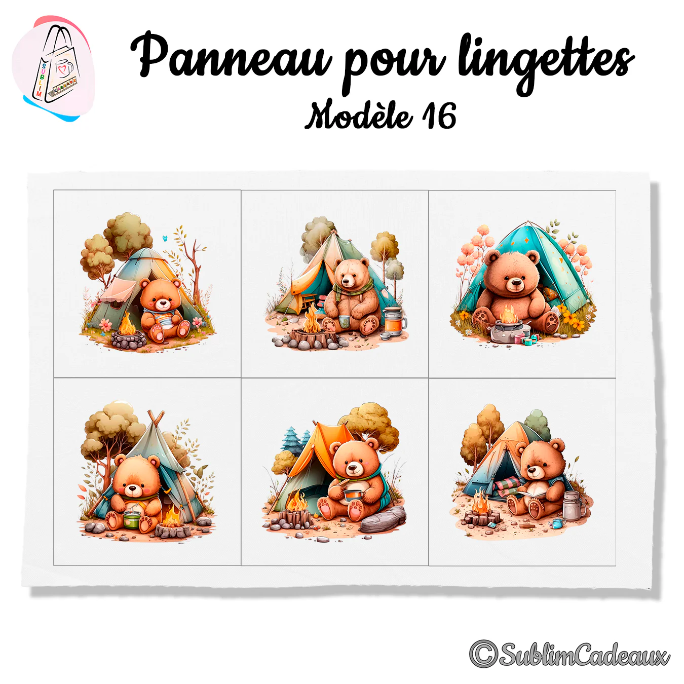Panneau tissu pour lingettes lavables, six oursons en camping aquarellés, tentes et feux de camp en forêt