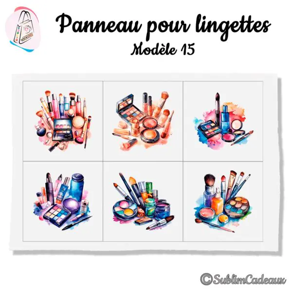 Panneau tissu pour lingettes lavables, six compositions de maquillage aquarellées : palettes, pinceaux, rouges à lèvres