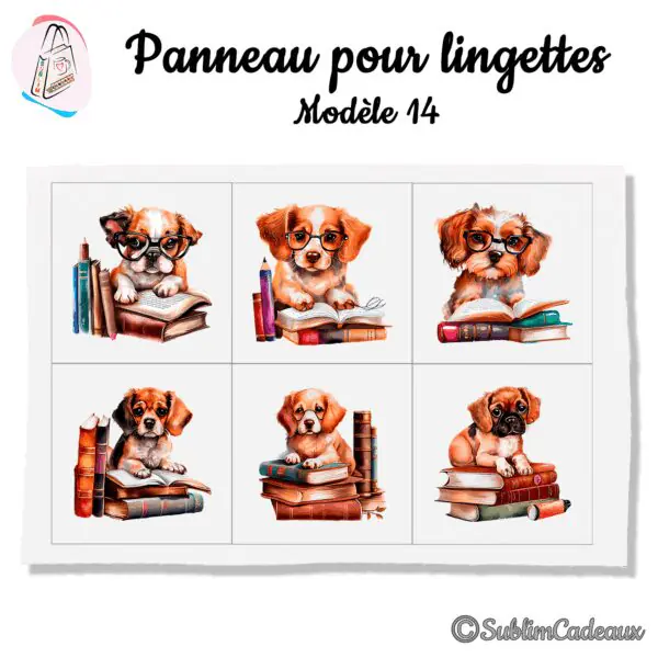Panneau tissu pour lingettes lavables, six chiots aquarellés à lunettes posant sur des livres