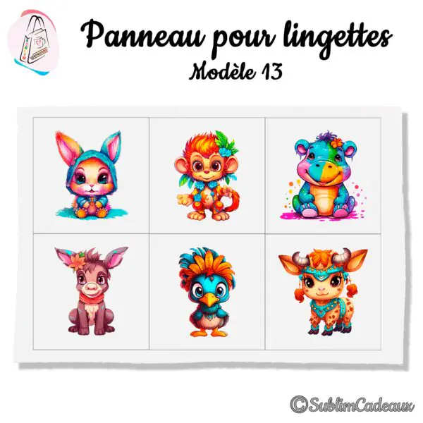 Panneau tissu pour lingettes lavables, six bébés animaux fantaisie très colorés : lapin, singe, hippo, âne, oiseau, vache