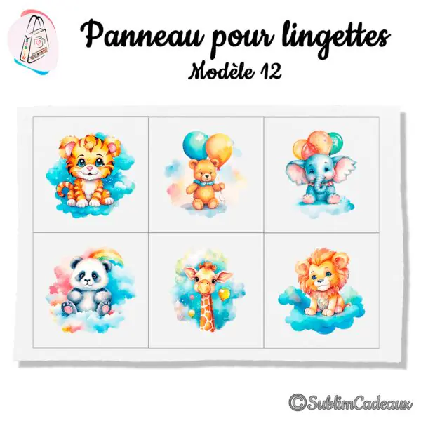 Panneau tissu pour lingettes lavables, six bébés animaux pastel sur nuages : tigre, ourson, éléphant, panda, girafe, lion