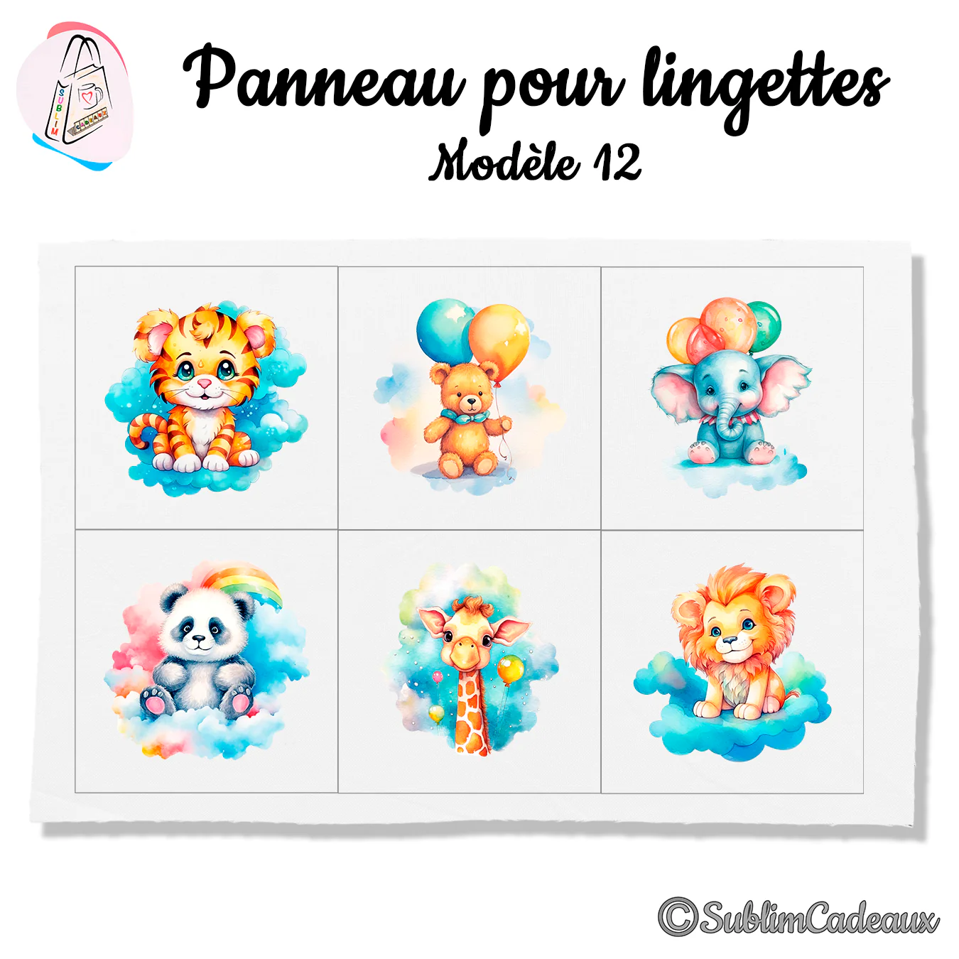 Panneau tissu pour lingettes lavables, six bébés animaux pastel sur nuages : tigre, ourson, éléphant, panda, girafe, lion