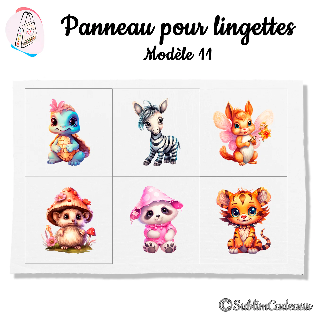 Panneau tissu pour lingettes lavables, six bébés animaux fantaisie : tortue, zèbre, écureuil, hérisson, panda, tigre
