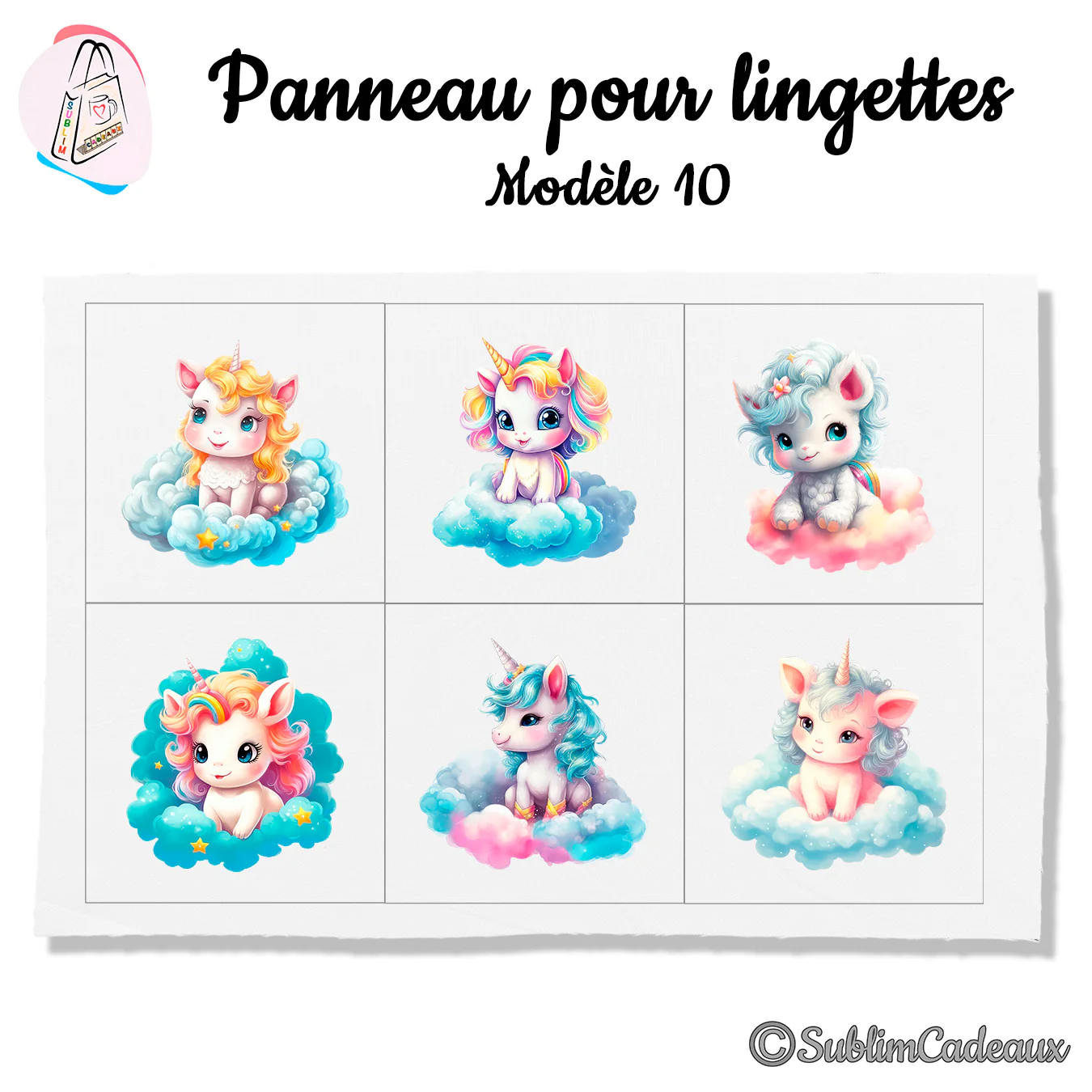 Panneau tissu pour lingettes lavables, six bébés licornes aquarellées sur des nuages, crinières arc-en-ciel