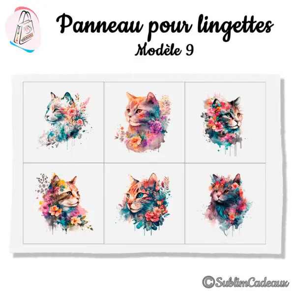 Panneau en tissu imprimé de six chats aquarelle entourés de fleurs, pour coudre des lingettes lavables