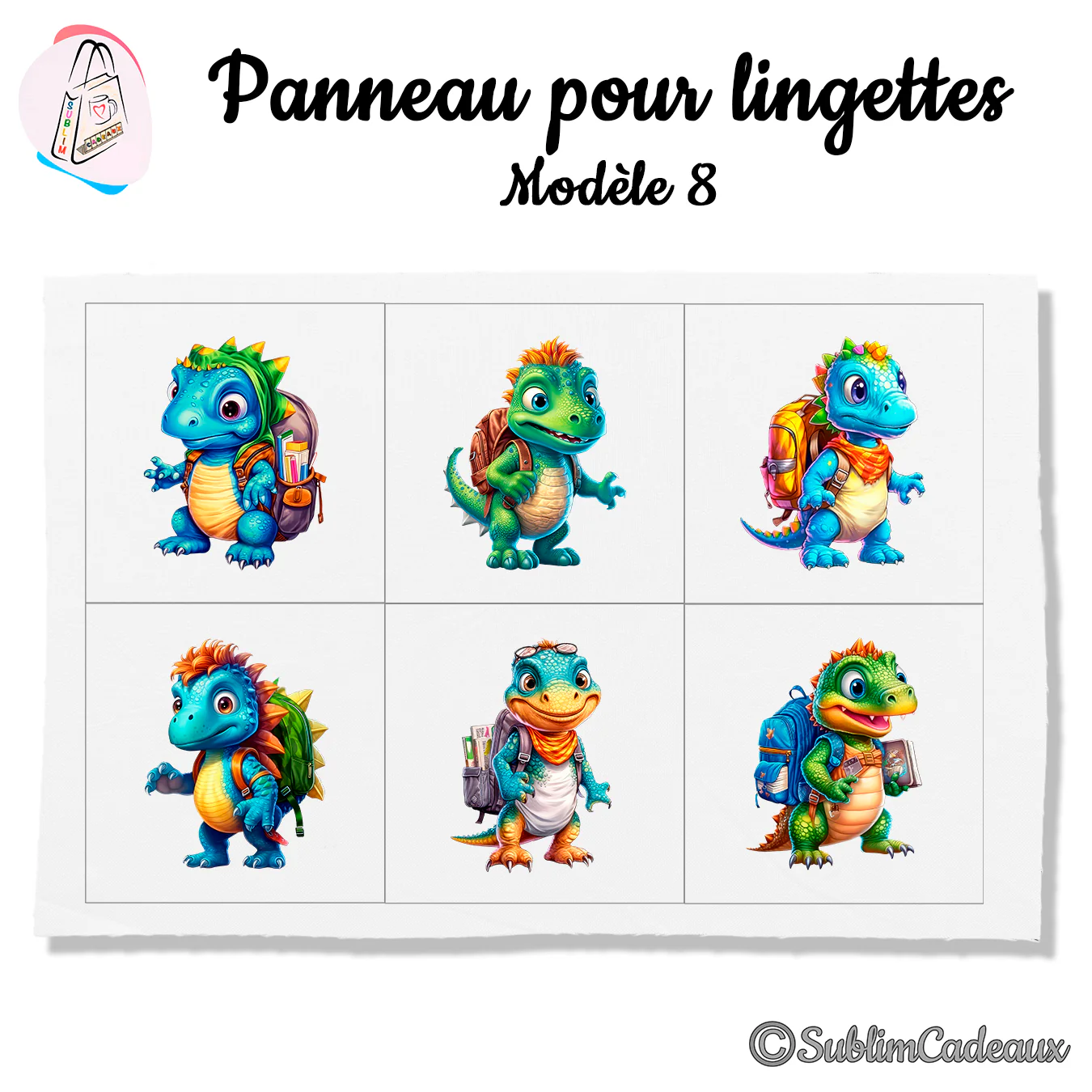 Tissu imprimé de six bébés dinosaures colorés portant un cartable, panneau pour lingettes lavables