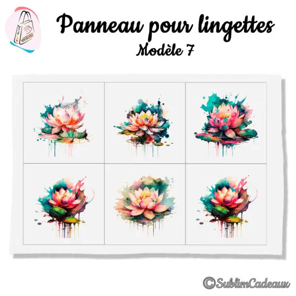 Panneau en tissu imprimé de six fleurs de lotus aquarelle rose et vert, pour lingettes lavables