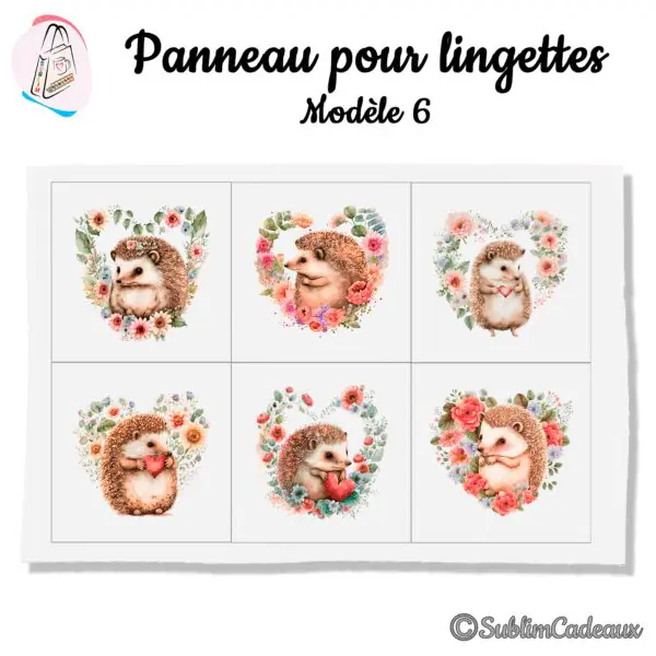 Tissu imprimé de six hérissons aquarelle dans des couronnes de fleurs en cœur, pour lingettes lavables