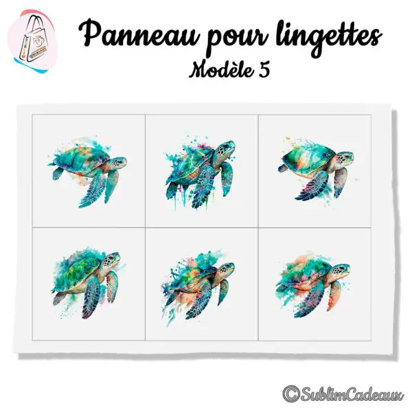 Panneau en tissu imprimé de six tortues de mer aquarelle turquoise et orangé, pour lingettes lavables