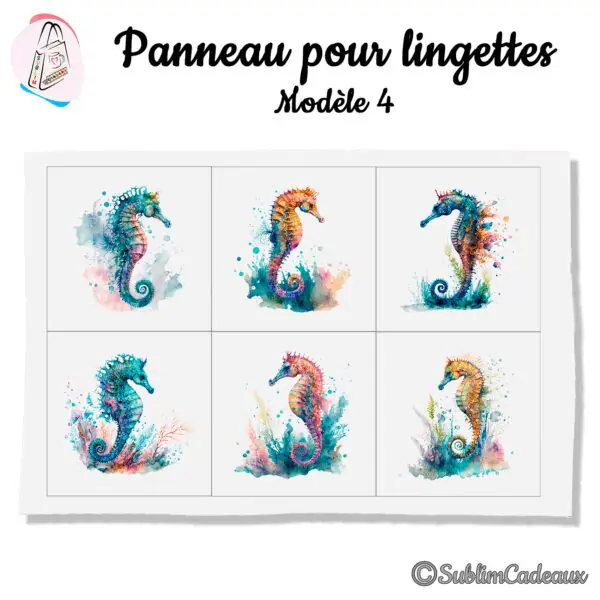 Tissu imprimé de six hippocampes aquarelle multicolores, panneau pour lingettes lavables