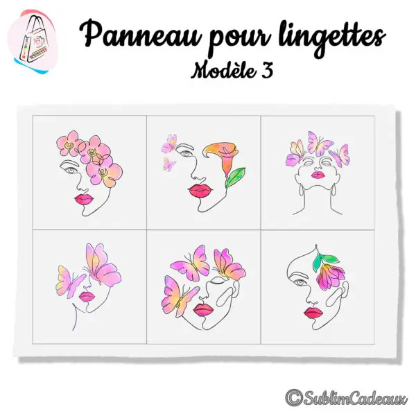 Panneau en tissu imprimé de six visages de femme au trait avec fleurs et papillons roses, lingettes lavables