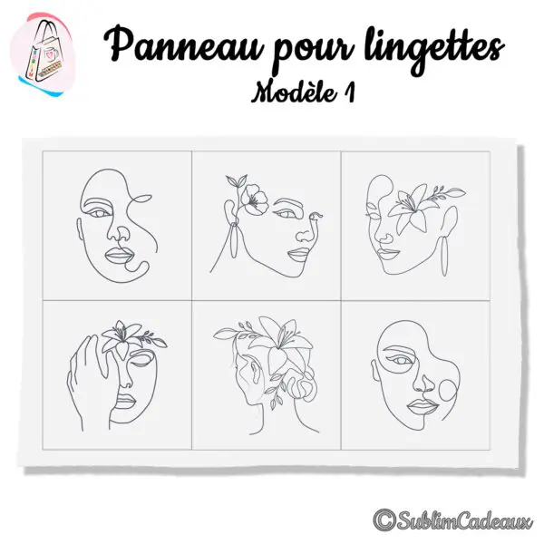 Panneau en tissu imprimé de six visages de femme en dessin au trait noir avec fleurs, lingettes lavables