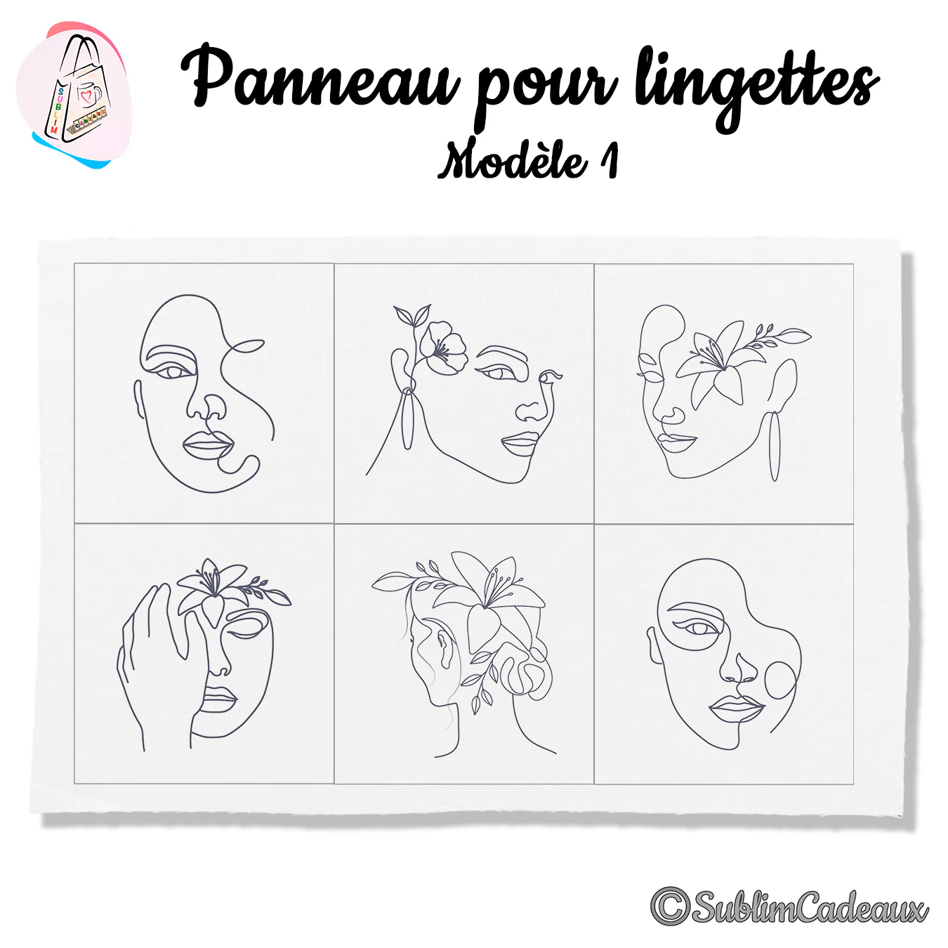 Panneau en tissu imprimé de six visages de femme en dessin au trait noir avec fleurs, lingettes lavables