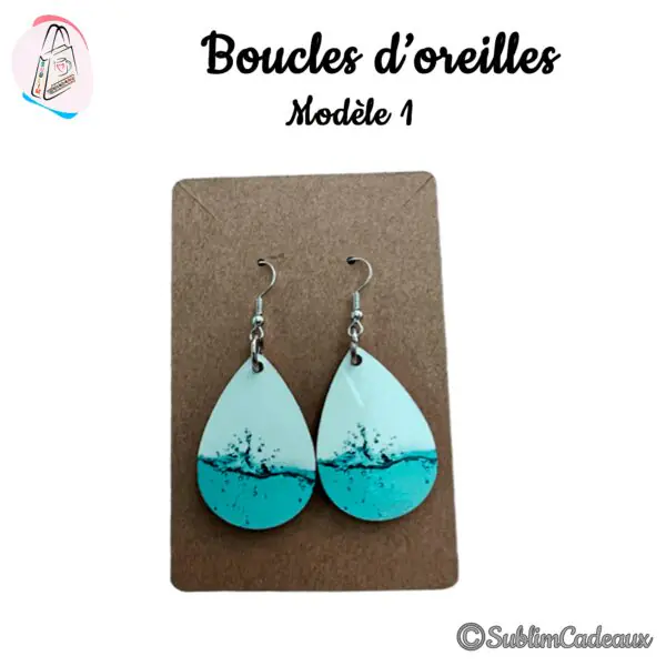 Boucles d'oreilles en forme de goutte, motif éclaboussure d'eau turquoise imprimé, crochets argentés