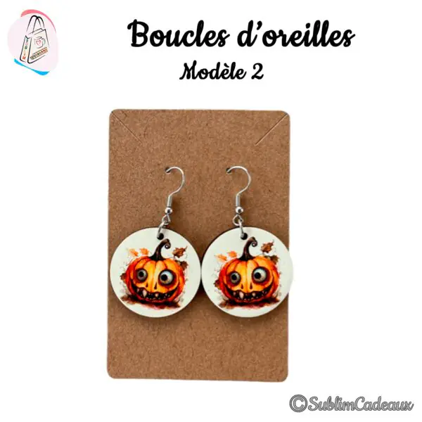 Boucles d'oreilles rondes ornées d'une citrouille d'Halloween souriante orange imprimée, crochets argentés