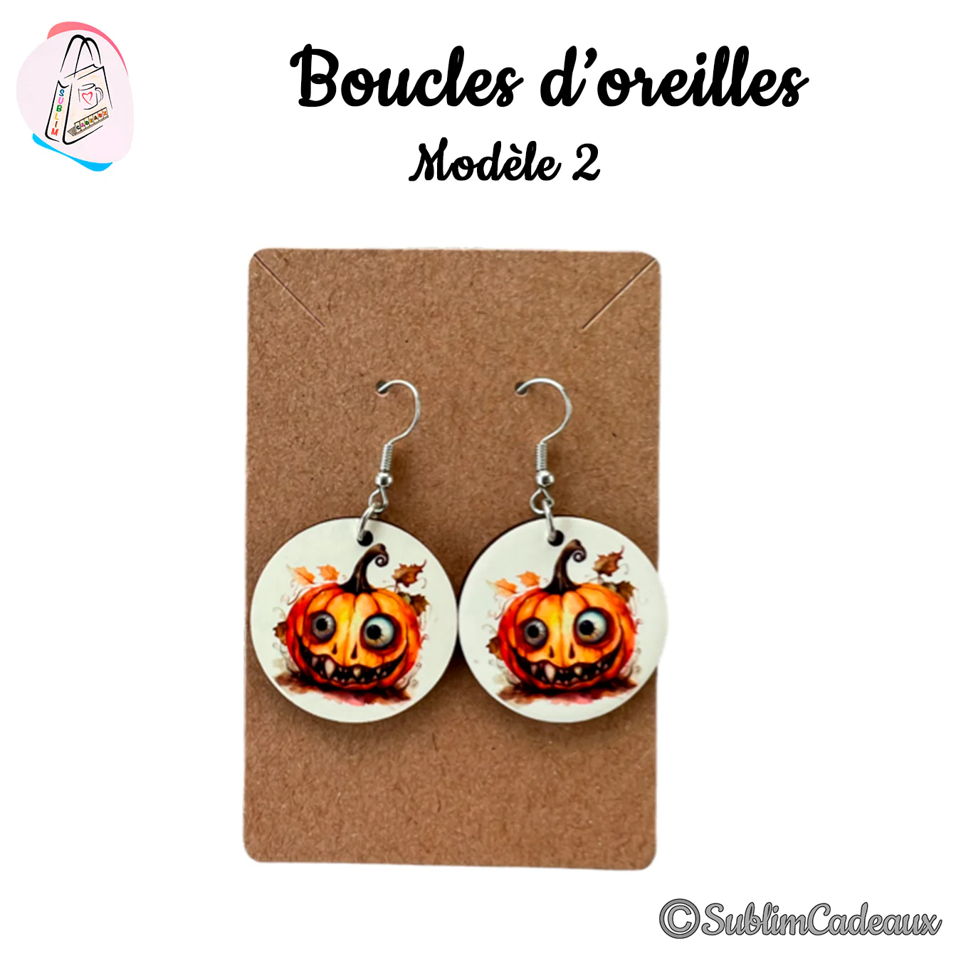 Boucles d'oreilles rondes ornées d'une citrouille d'Halloween souriante orange imprimée, crochets argentés