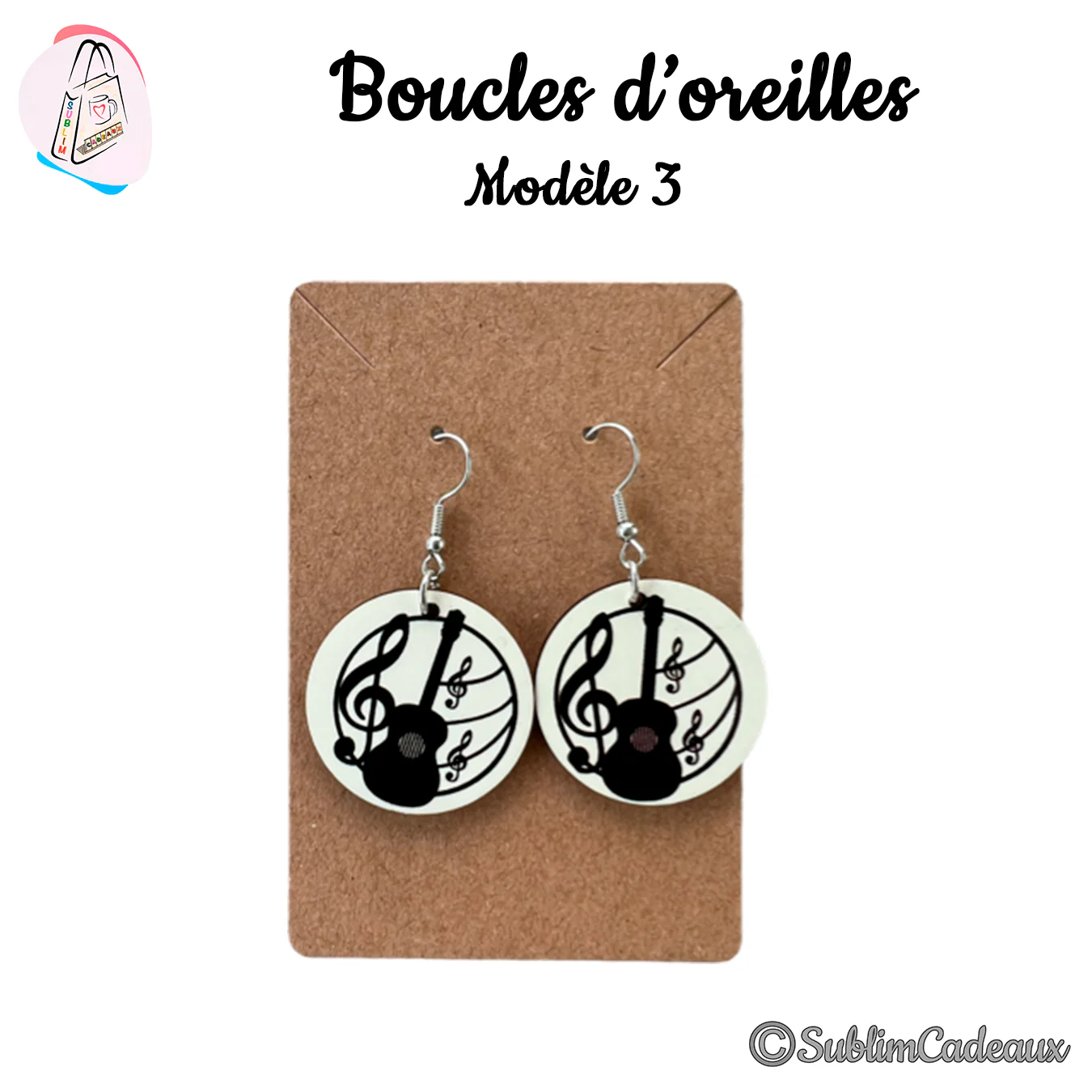 Boucles d'oreilles rondes à silhouette de guitare et clé de sol noires imprimée sur fond blanc, crochets argentés