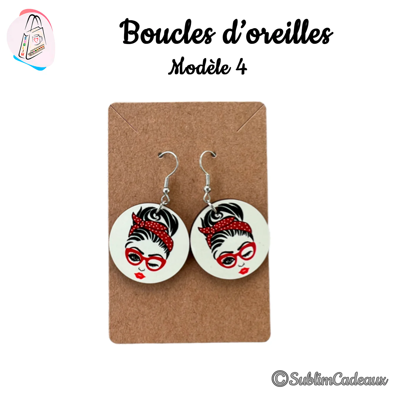 Boucles d'oreilles rondes, portrait rétro d'une femme à lunettes rouges et foulard à pois imprimé